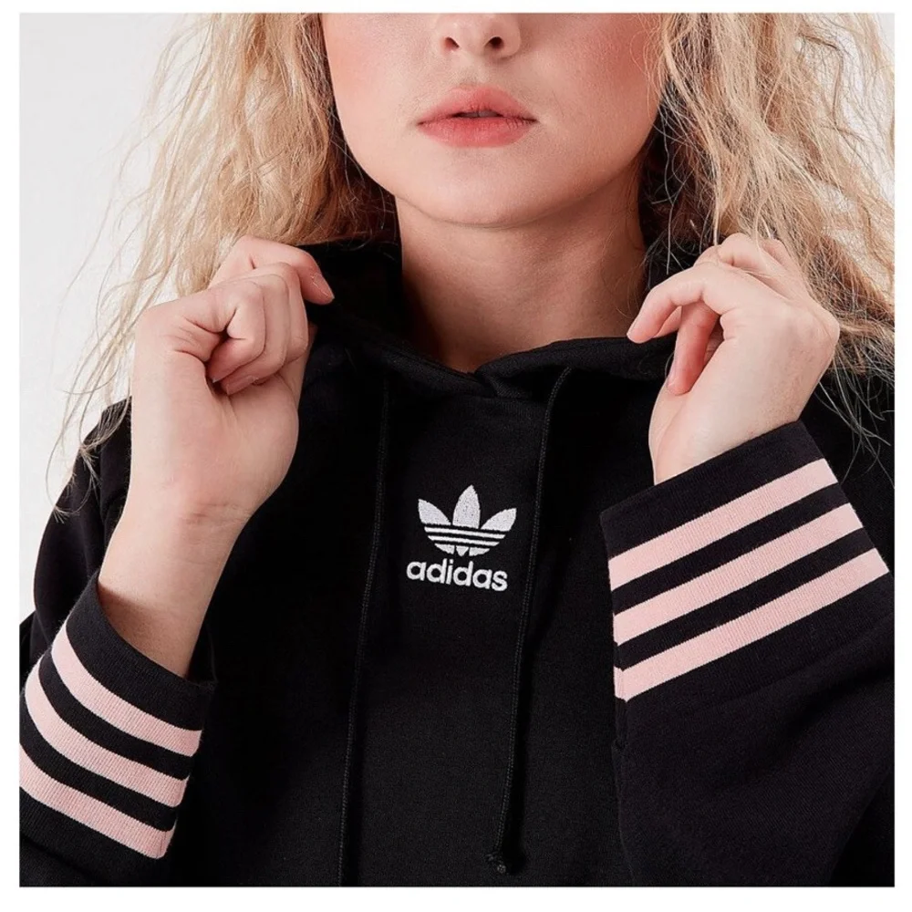 Adidas Oversized Logo Drawstring Black Hoodie - Picture 3 of 5